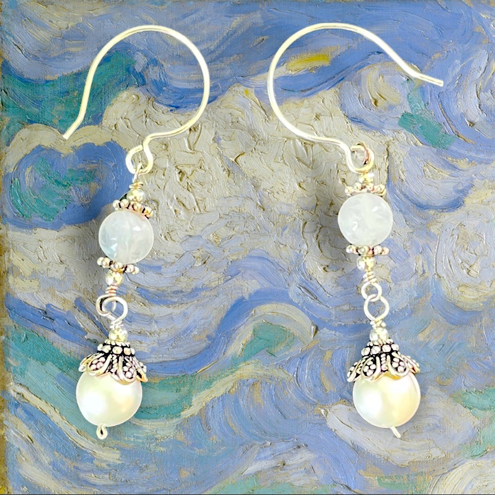 Beautiful handmade earrings~rainbow moonstone, freshwater pearl, sterling silver